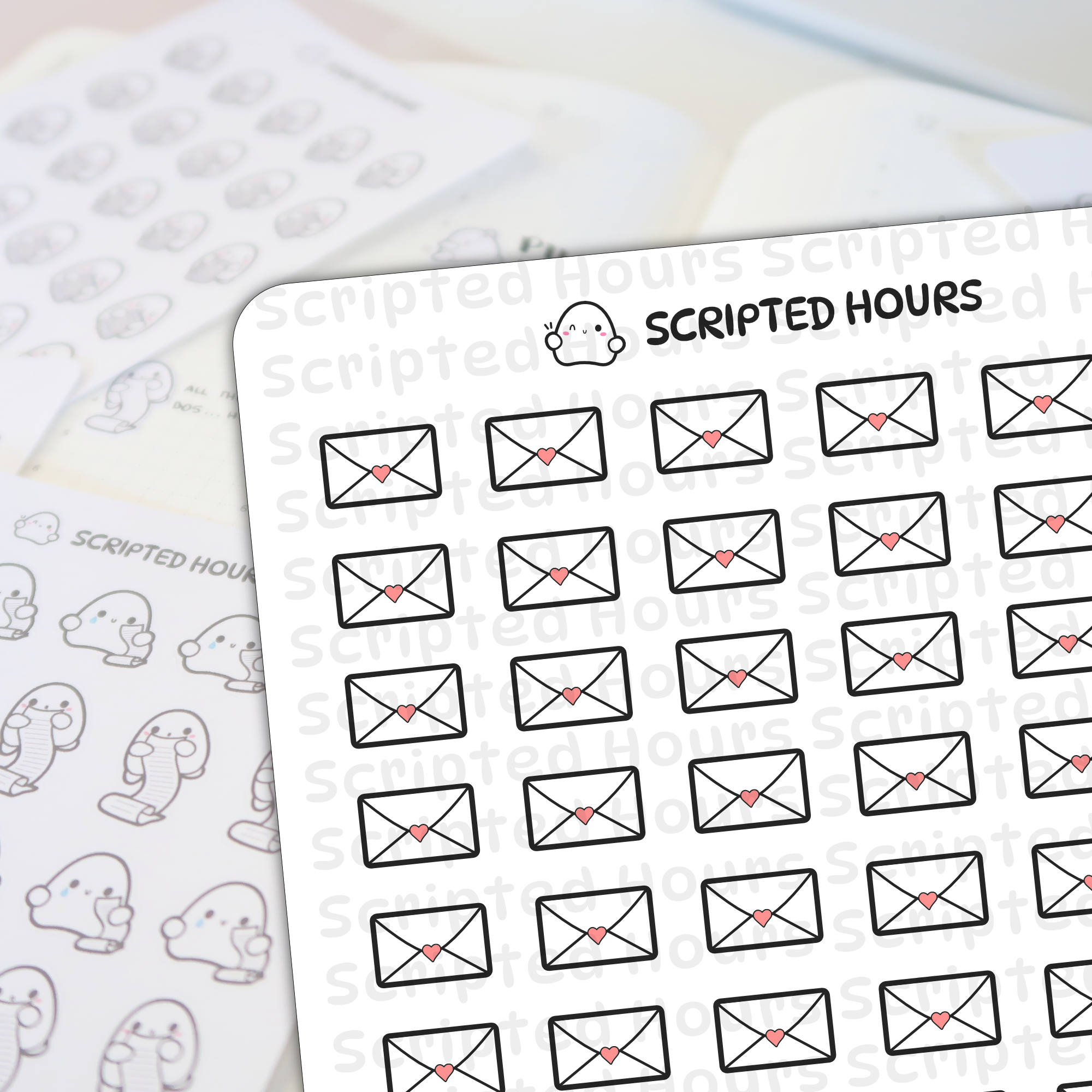 Scripted Hours planner stickers featuring a sheet of black-outlined white envelopes with pink heart seals and another sheet of cute ghost characters holding long checklists, alongside the brand's winking ghost logo