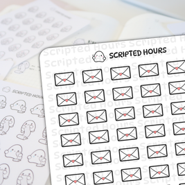 Scripted Hours planner stickers featuring a sheet of black-outlined white envelopes with pink heart seals and another sheet of cute ghost characters holding long checklists, alongside the brand's winking ghost logo