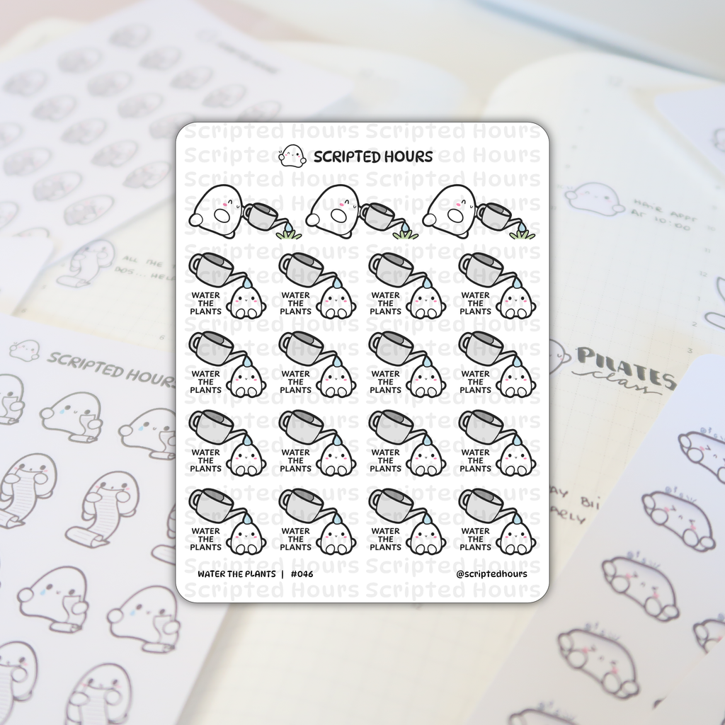 Scripted Hours sticker sheet of cute white blob characters holding grey watering cans over small green sprouts, some explicitly captioned 'WATER THE PLANTS', displayed on an open planner page with 'PILATES class' and other ghost-shaped planner stickers