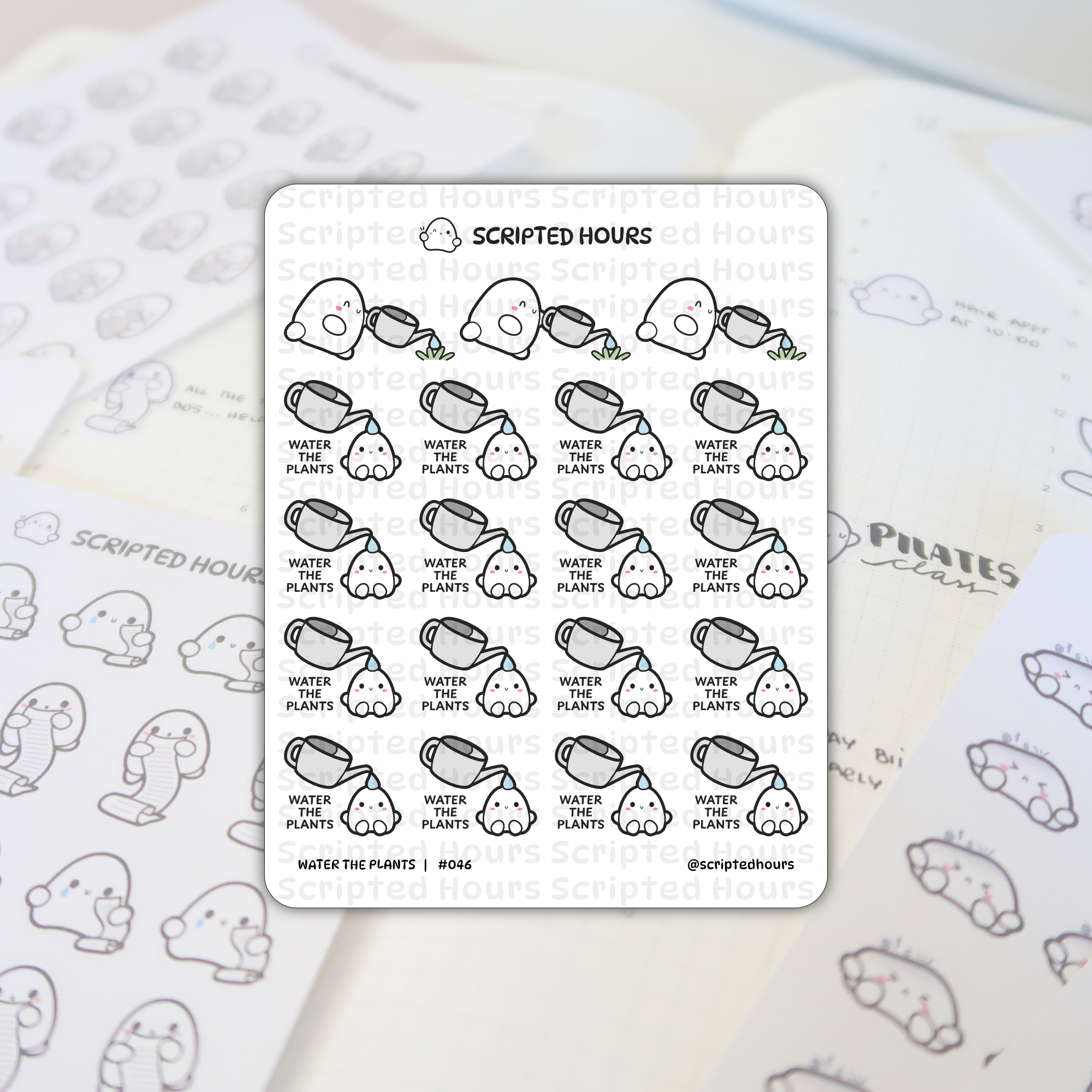 Scripted Hours sticker sheet of cute white blob characters holding grey watering cans over small green sprouts, some explicitly captioned 'WATER THE PLANTS', displayed on an open planner page with 'PILATES class' and other ghost-shaped planner stickers