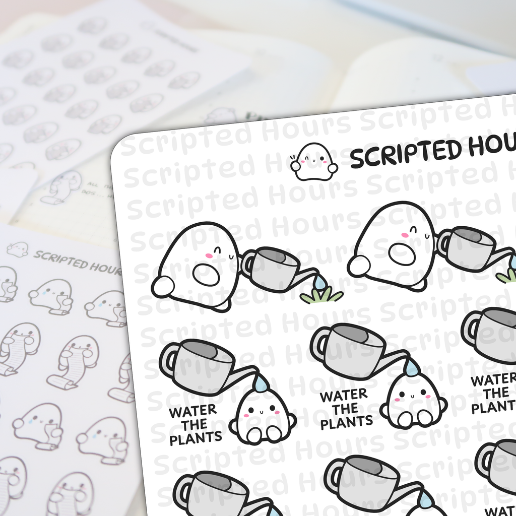Scripted Hours planner stickers showing rows of cute white ghost characters with pink cheeks, some holding gray watering cans over tiny green plants and text 'WATER THE PLANTS', others holding long white to-do list scrolls