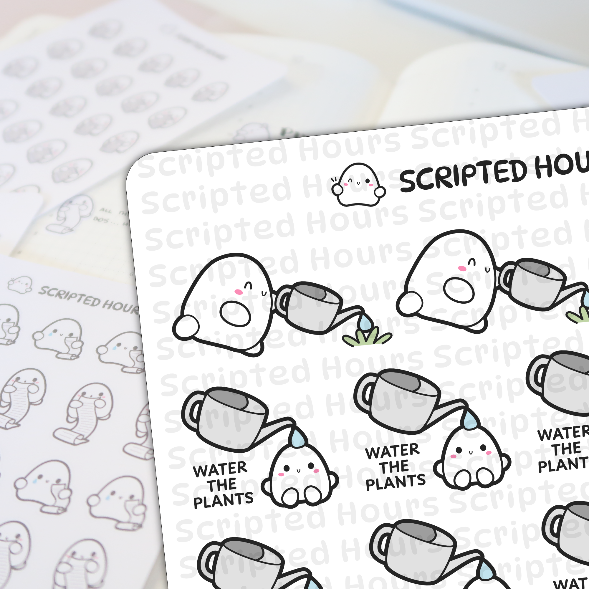Scripted Hours planner stickers showing rows of cute white ghost characters with pink cheeks, some holding gray watering cans over tiny green plants and text 'WATER THE PLANTS', others holding long white to-do list scrolls
