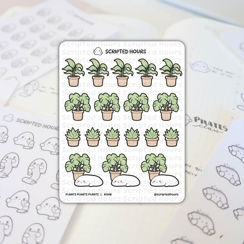 Scripted Hours sticker sheet with "Plants Plants Plants" #048 designs featuring various light green potted houseplants including monsteras, succulents, and cute sleeping white blob creatures in terracotta pots, placed on an open planner with faint ghost-like stickers and "PILATES class" text