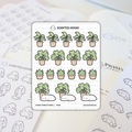 Scripted Hours sticker sheet with "Plants Plants Plants" #048 designs featuring various light green potted houseplants including monsteras, succulents, and cute sleeping white blob creatures in terracotta pots, placed on an open planner with faint ghost-like stickers and "PILATES class" text