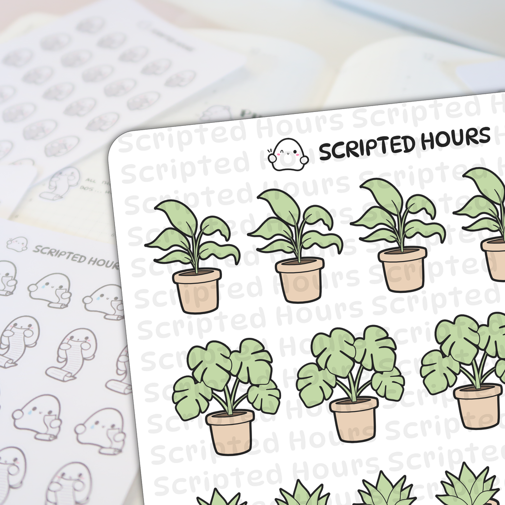Scripted Hours vinyl sticker sheets showcasing a foreground sheet of various potted plants with pastel green leaves and brown pots and a background sheet of cute monochrome ghost character stickers