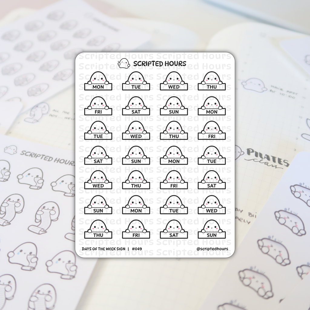 Scripted Hours brand sticker sheet featuring an array of cute ghost-like characters with pink blush cheeks holding signs for each day of the week, placed on an open planner with faint "PILATES class" and scroll-holding ghost stickers in the background