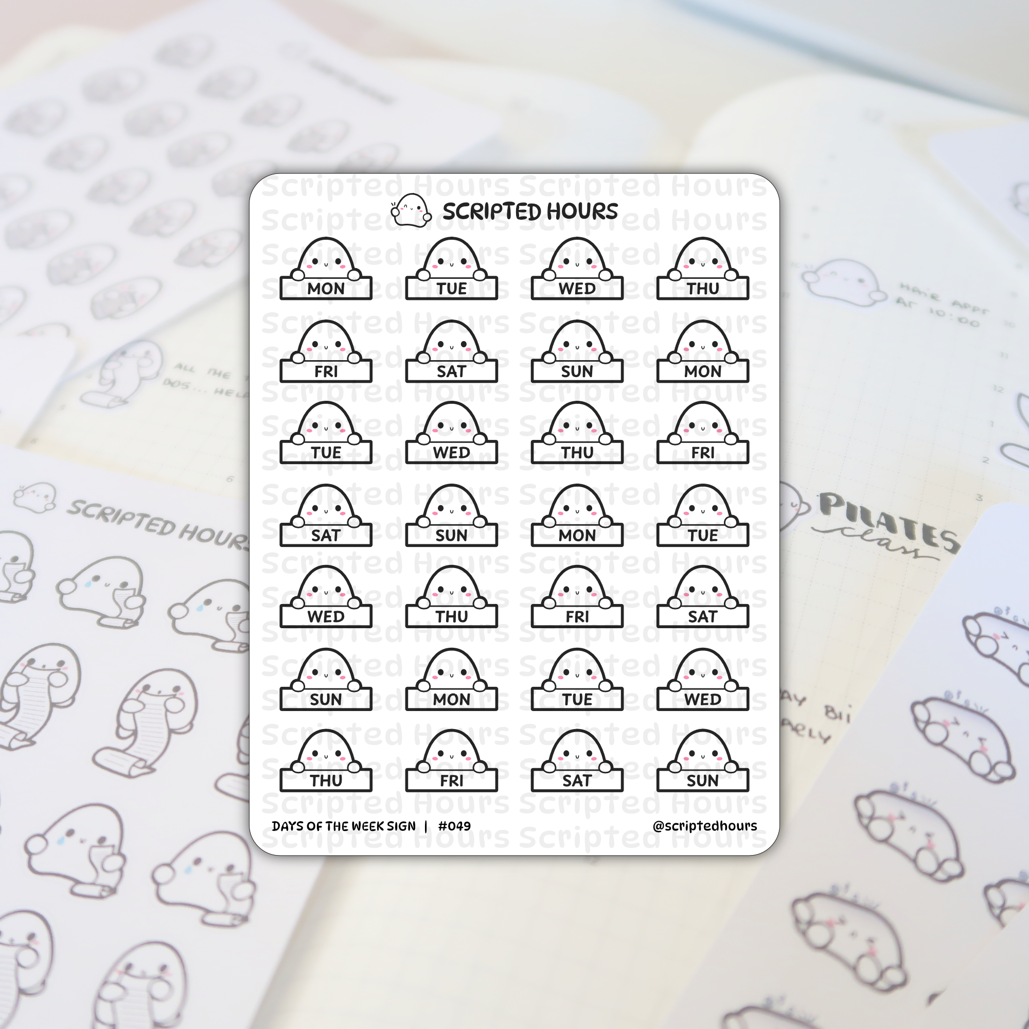 Scripted Hours brand sticker sheet featuring an array of cute ghost-like characters with pink blush cheeks holding signs for each day of the week, placed on an open planner with faint "PILATES class" and scroll-holding ghost stickers in the background