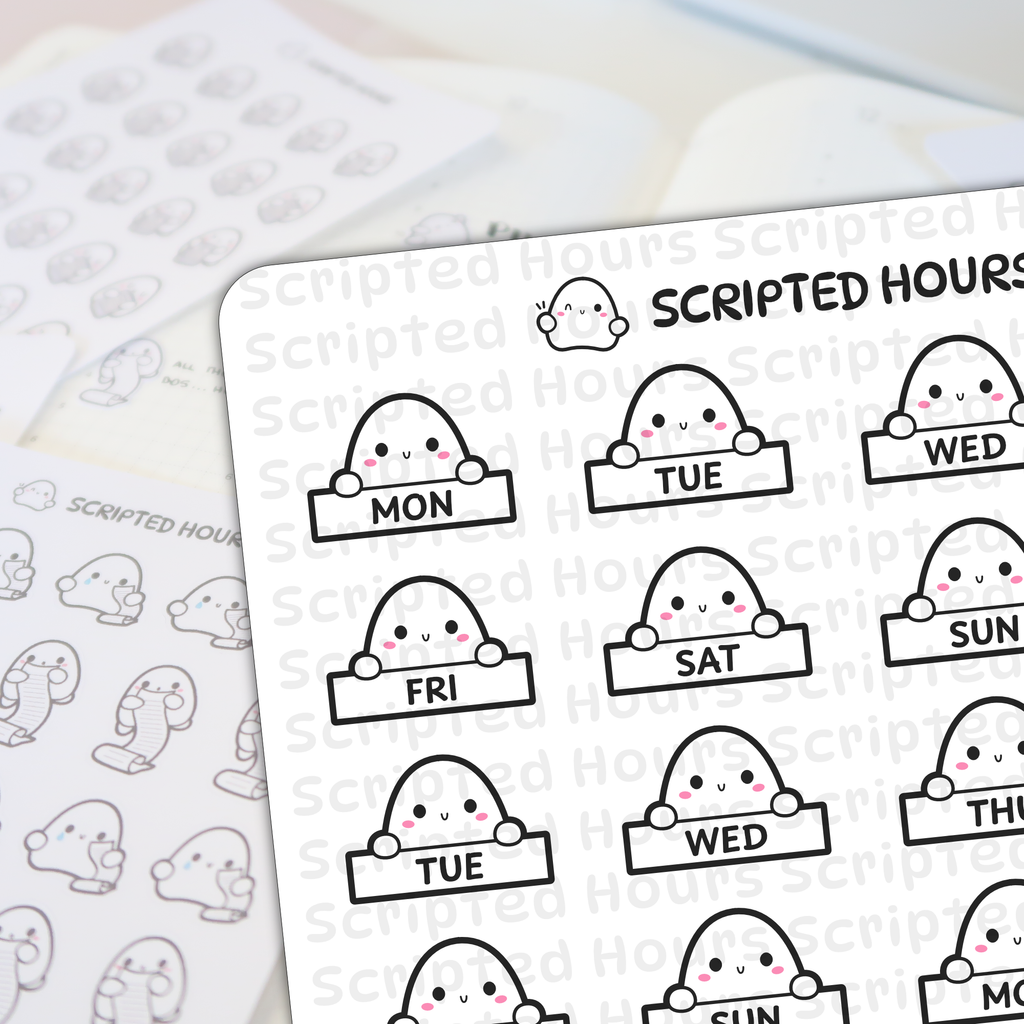 Planner stickers depicting cute "Scripted Hours" cartoon ghosts with pink cheeks holding black-outlined signs for each day of the week, alongside blurred ghost checklist stickers on a light planner page