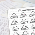 Planner stickers depicting cute "Scripted Hours" cartoon ghosts with pink cheeks holding black-outlined signs for each day of the week, alongside blurred ghost checklist stickers on a light planner page