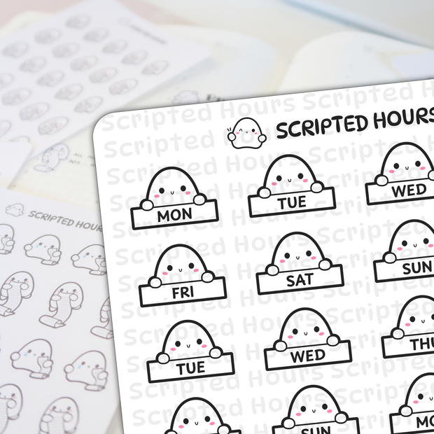 Planner stickers depicting cute "Scripted Hours" cartoon ghosts with pink cheeks holding black-outlined signs for each day of the week, alongside blurred ghost checklist stickers on a light planner page