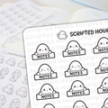 Digital art stickers by Scripted Hours featuring cute ghost-like characters on white sheets, some holding NOTES signs with pink blush, others holding long scroll lists