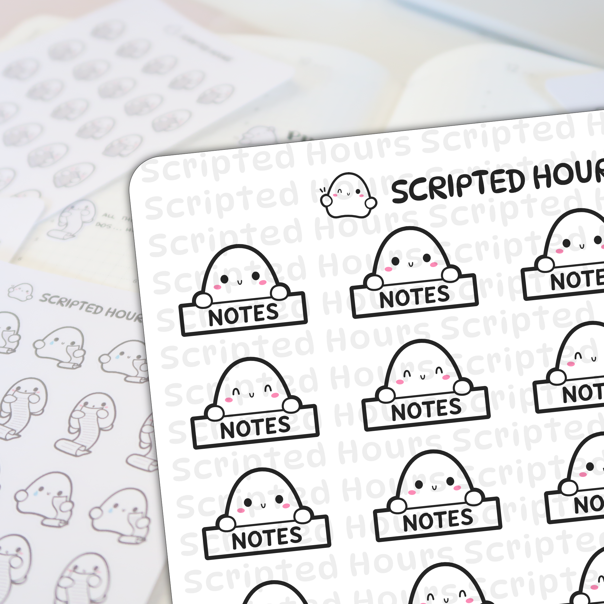 Digital art stickers by Scripted Hours featuring cute ghost-like characters on white sheets, some holding NOTES signs with pink blush, others holding long scroll lists