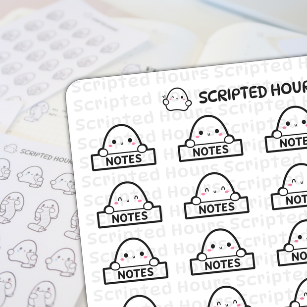 Digital art stickers by Scripted Hours featuring cute ghost-like characters on white sheets, some holding NOTES signs with pink blush, others holding long scroll lists