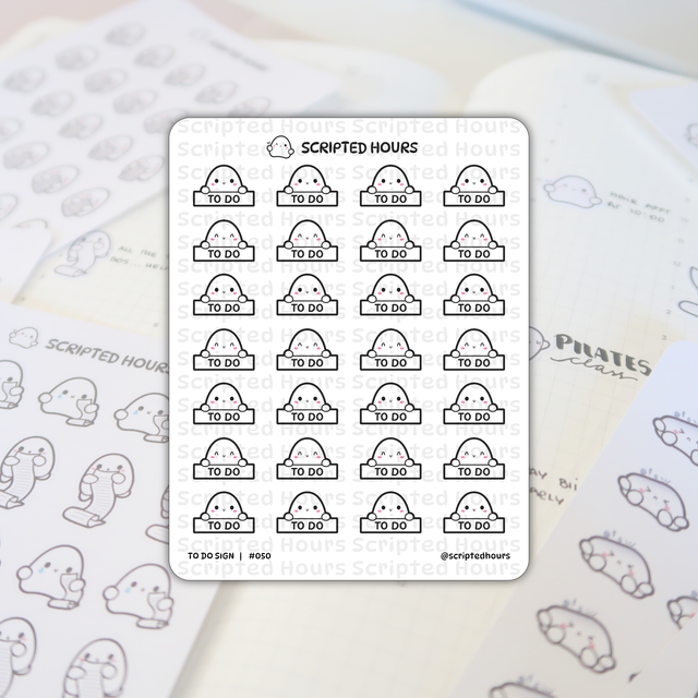 Scripted Hours planner stickers showcasing a sheet of twenty-four smiling ghost-like "TO DO SIGN" characters, each featuring pink cheeks and holding a black "TO DO" sign, presented on a planner page with other Scripted Hours ghost stickers and "PILATES class" visible in the background