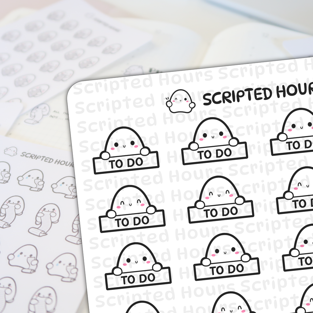 Digital planner stickers by Scripted Hours featuring cute white ghost characters with pink cheeks and varying expressions, some holding "TO DO" signs and others holding rolled lists, with a prominent winking ghost logo