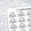 Digital planner stickers by Scripted Hours featuring cute white ghost characters with pink cheeks and varying expressions, some holding "TO DO" signs and others holding rolled lists, with a prominent winking ghost logo