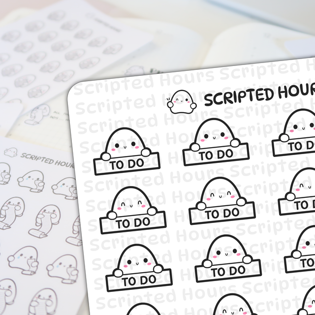 Digital planner stickers by Scripted Hours featuring cute white ghost characters with pink cheeks and varying expressions, some holding "TO DO" signs and others holding rolled lists, with a prominent winking ghost logo