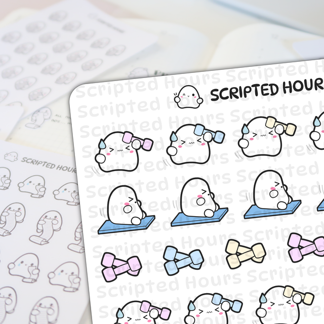 Scripted Hours digital illustration stickers featuring cute white ghost-like characters with pink cheeks performing various fitness activities, including lifting pastel pink and blue dumbbells and doing planks on blue mats, against a blurred planner background