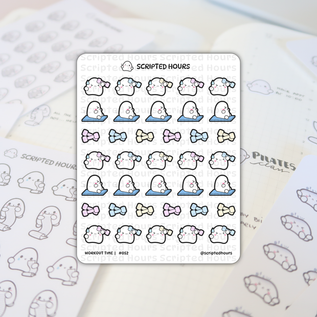 Sticker sheet by Scripted Hours featuring cute white ghost characters in various workout poses, some lifting pink, blue, and yellow dumbbells, others sweating with headbands or performing floor exercises on blue mats, placed on a planner page with "PILATES class" written in the background