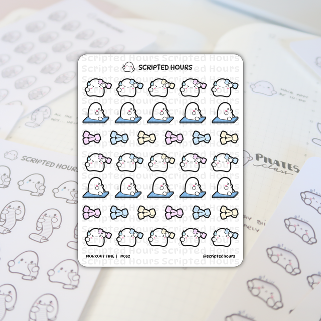 Sticker sheet by Scripted Hours featuring cute white ghost characters in various workout poses, some lifting pink, blue, and yellow dumbbells, others sweating with headbands or performing floor exercises on blue mats, placed on a planner page with "PILATES class" written in the background