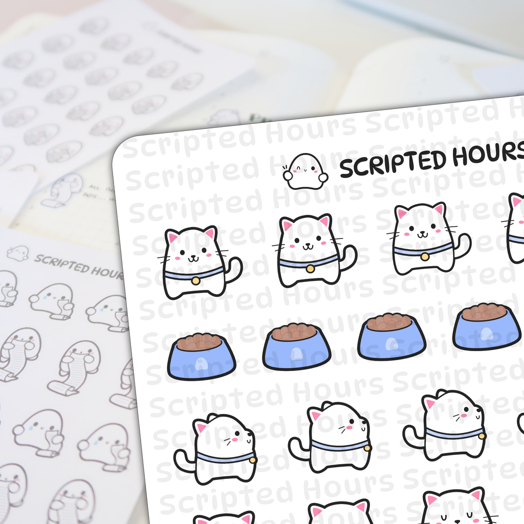 Digital illustration by Scripted Hours depicting cheerful kawaii white cat and blue pet food bowl planner stickers with brown kibble, positioned near a winking ghost logo and a sheet of ghost characters holding shopping lists