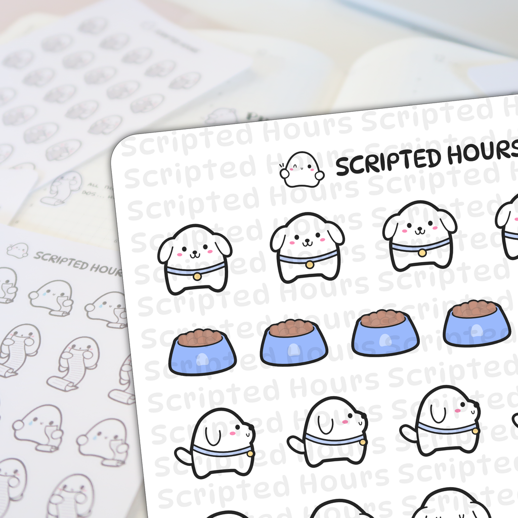 Scripted Hours planner sticker sheet featuring rows of adorable white dogs with light blue collars and gold tags alongside blue food bowls filled with brown kibble set against a blurred background of grey ghost-like list stickers