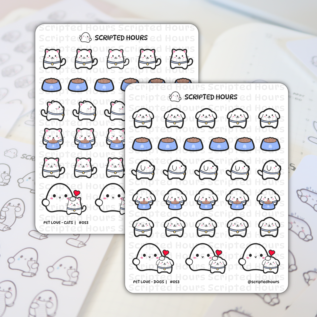 Scripted Hours planner sticker sheets featuring cute white cartoon cats and dogs with blue collars and gold tags, some eating from blue bowls, and ghost-like characters holding pets with red hearts, displayed on a planner page