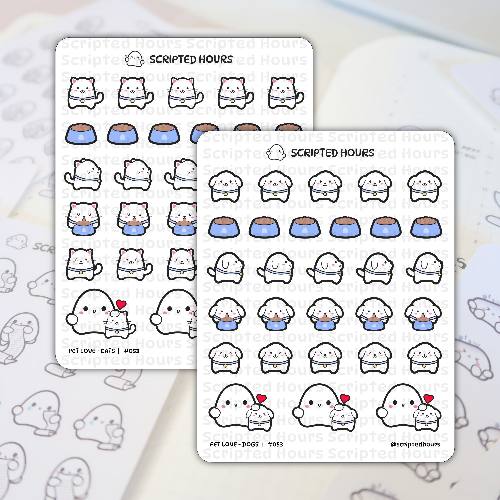 Scripted Hours planner sticker sheets featuring cute white cartoon cats and dogs with blue collars and gold tags, some eating from blue bowls, and ghost-like characters holding pets with red hearts, displayed on a planner page