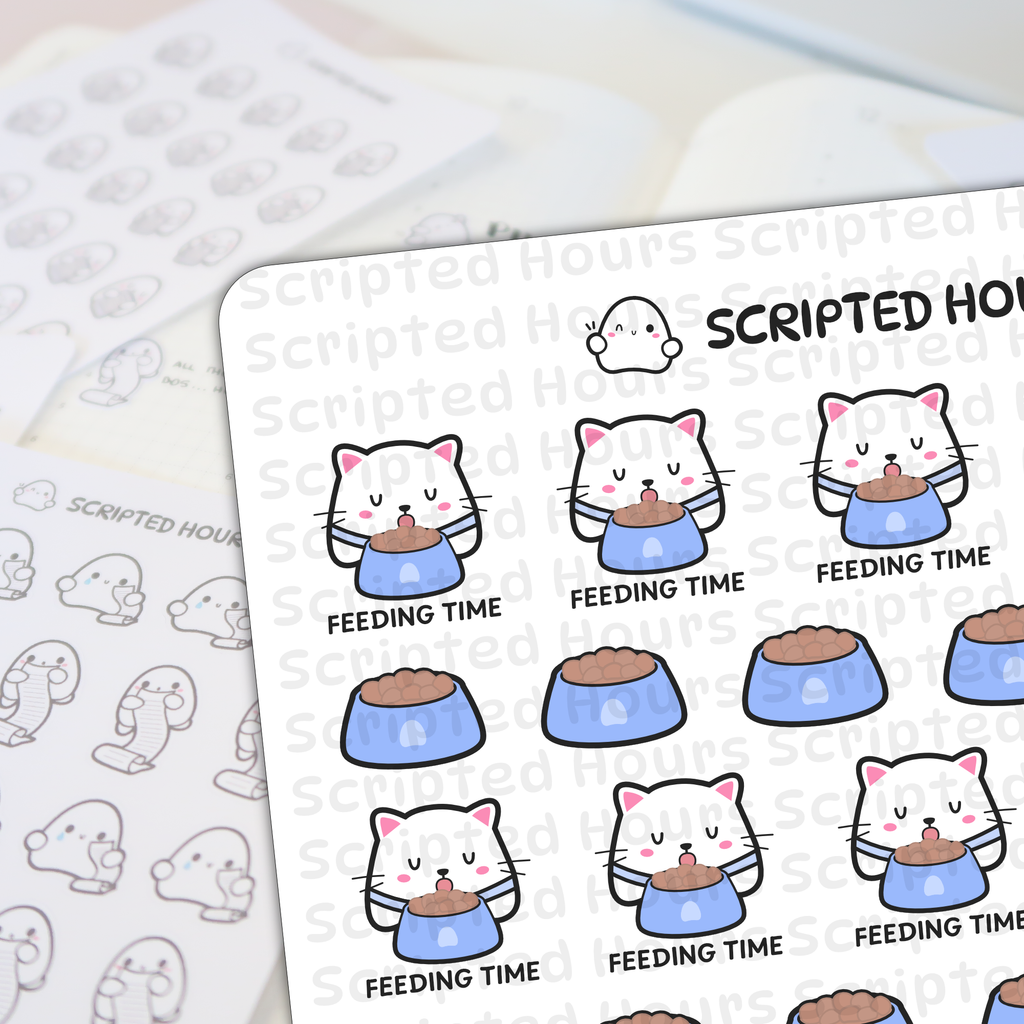 Digital planner stickers by Scripted Hours displaying rows of white cartoon cats eating from blue bowls with 'FEEDING TIME' text and cute ghost-like figures holding checklists, set against a blurred planner page with 'Scripted Hours' branding