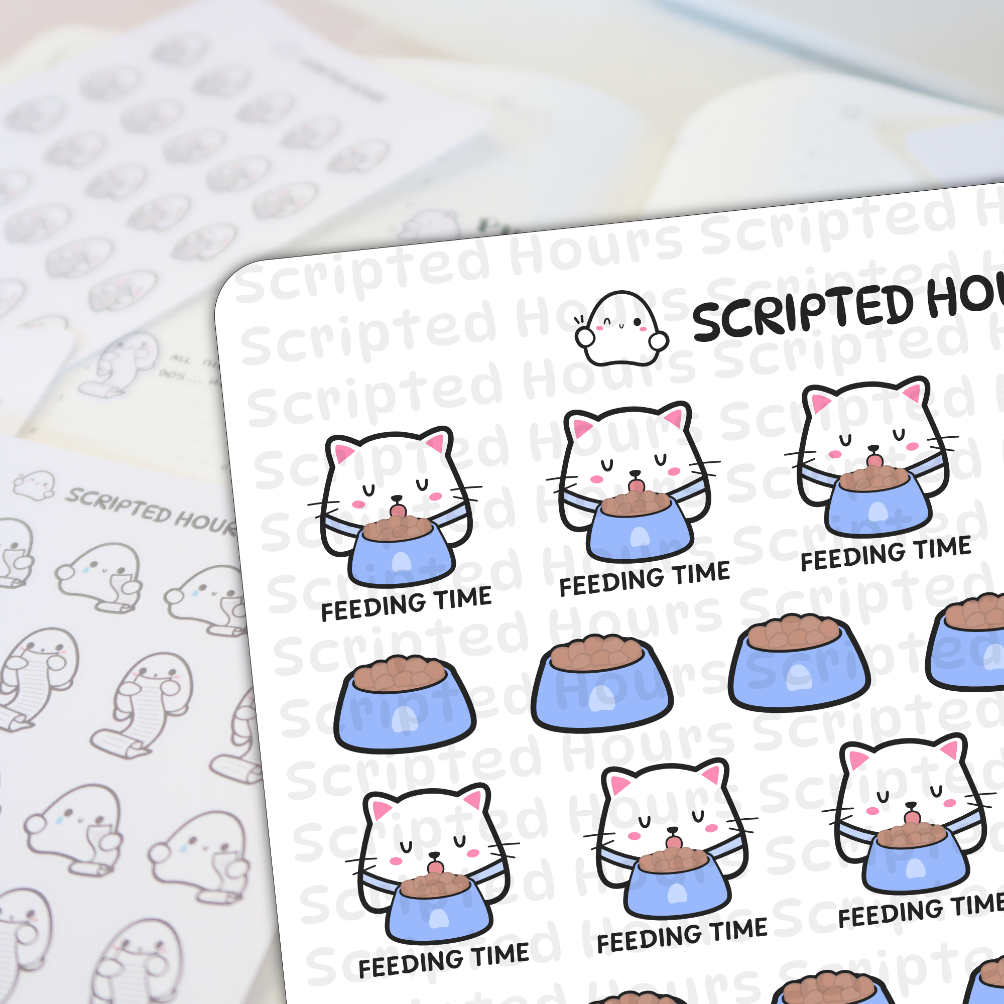 Digital planner stickers by Scripted Hours displaying rows of white cartoon cats eating from blue bowls with 'FEEDING TIME' text and cute ghost-like figures holding checklists, set against a blurred planner page with 'Scripted Hours' branding
