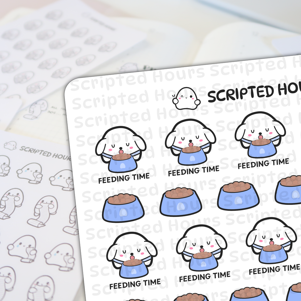 Scripted Hours planner stickers featuring multiple white cartoon dogs with pink cheeks eagerly eating from blue bowls labeled FEEDING TIME, alongside a small winking ghost mascot and blurred outline stickers of ghosts holding scrolls in the background