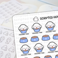 Scripted Hours planner stickers featuring multiple white cartoon dogs with pink cheeks eagerly eating from blue bowls labeled FEEDING TIME, alongside a small winking ghost mascot and blurred outline stickers of ghosts holding scrolls in the background