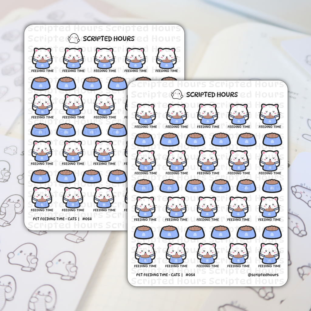 Sticker sheets by Scripted Hours with pet feeding time cat planner stickers depicting cute white cats holding blue food bowls, separate blue food bowls, and the text 'FEEDING TIME' on a light planner background with faint ghost figures