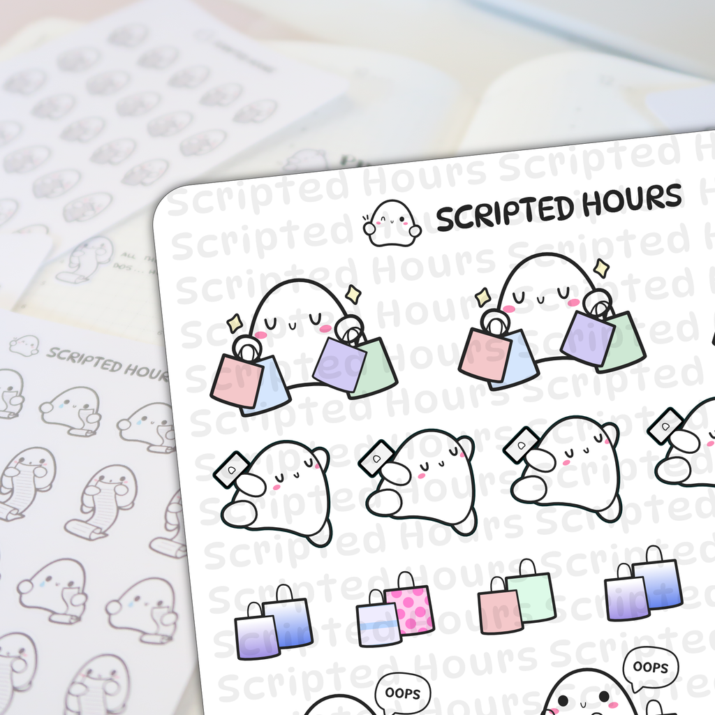 Scripted Hours brand planner stickers featuring cute ghost characters on multiple sheets, some holding pastel shopping bags, tiny credit cards, or long receipt scrolls, and one with an OOPS speech bubble