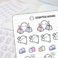 Scripted Hours brand planner stickers featuring cute ghost characters on multiple sheets, some holding pastel shopping bags, tiny credit cards, or long receipt scrolls, and one with an OOPS speech bubble
