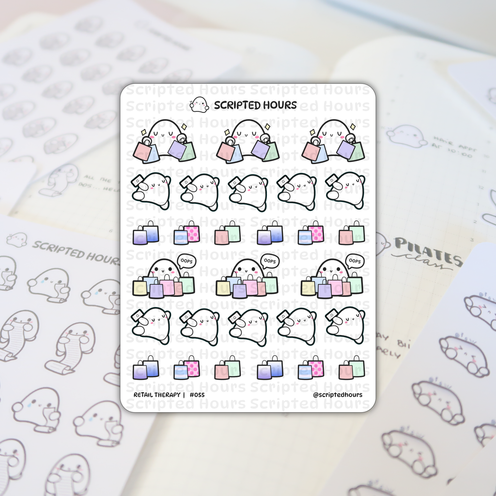 Sticker sheet by Scripted Hours featuring adorable ghost characters engaged in retail therapy, holding pastel-colored shopping bags, some with "oops" speech bubbles, and others with receipts, displayed against a soft-focus planner background