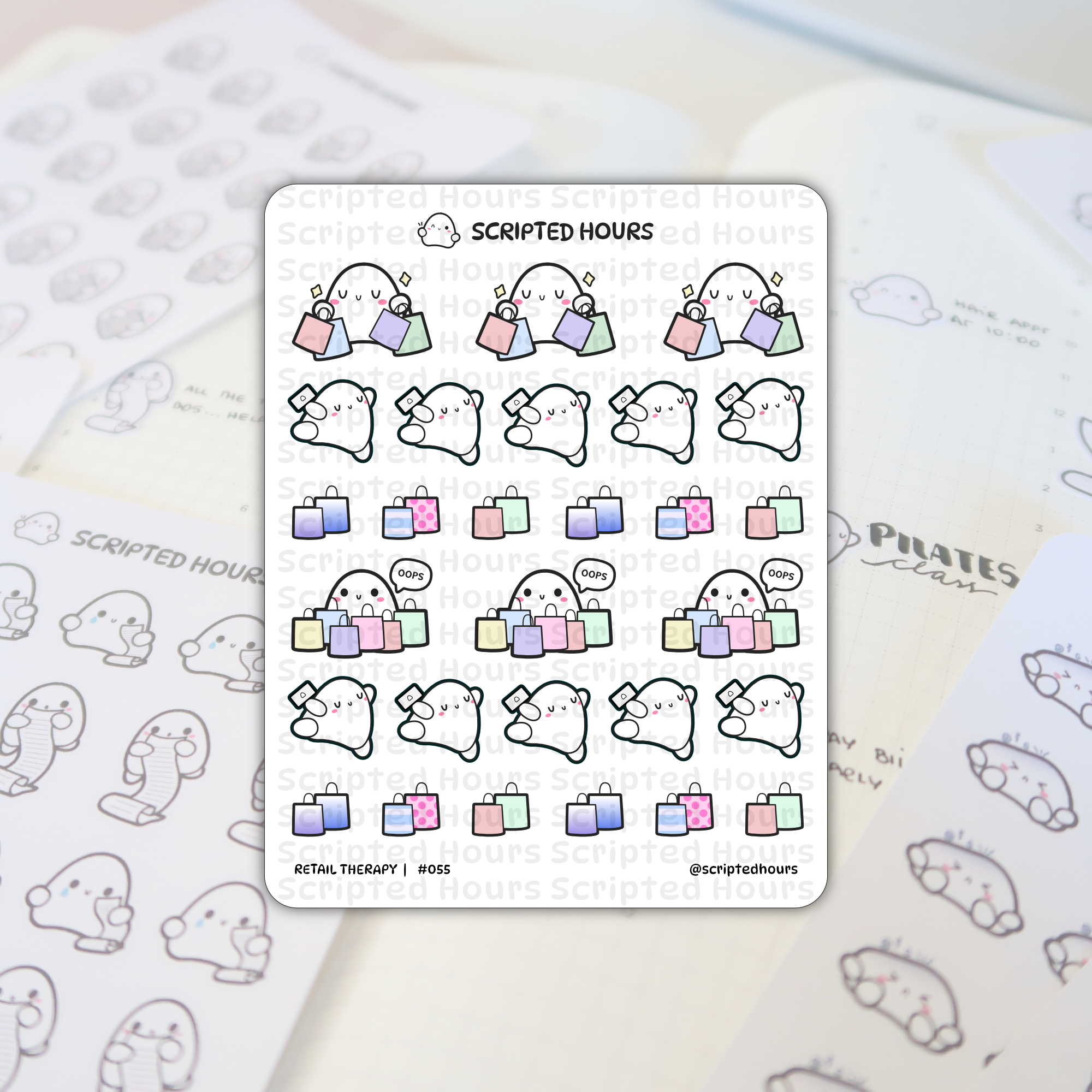 Sticker sheet by Scripted Hours featuring adorable ghost characters engaged in retail therapy, holding pastel-colored shopping bags, some with "oops" speech bubbles, and others with receipts, displayed against a soft-focus planner background