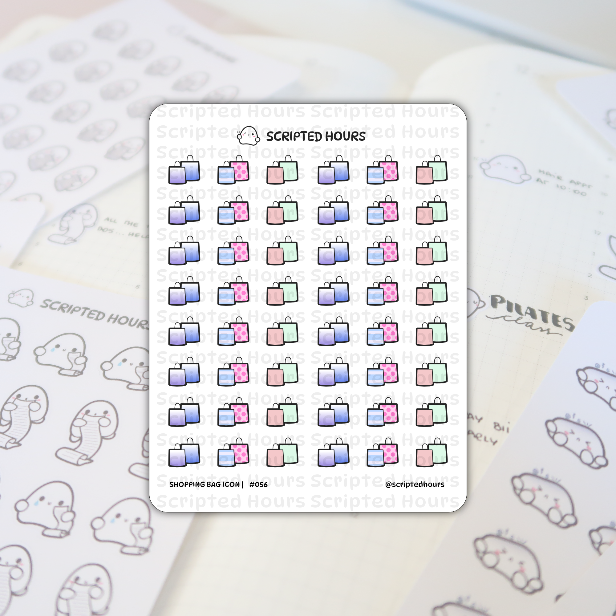 Scripted Hours sticker sheet with rows of colorful shopping bag icons in blue, pink, mint green, and purple, some featuring polka dots or stripes, displayed on a planner showing blurred ghost character stickers and the handwritten text 'PILATES class'
