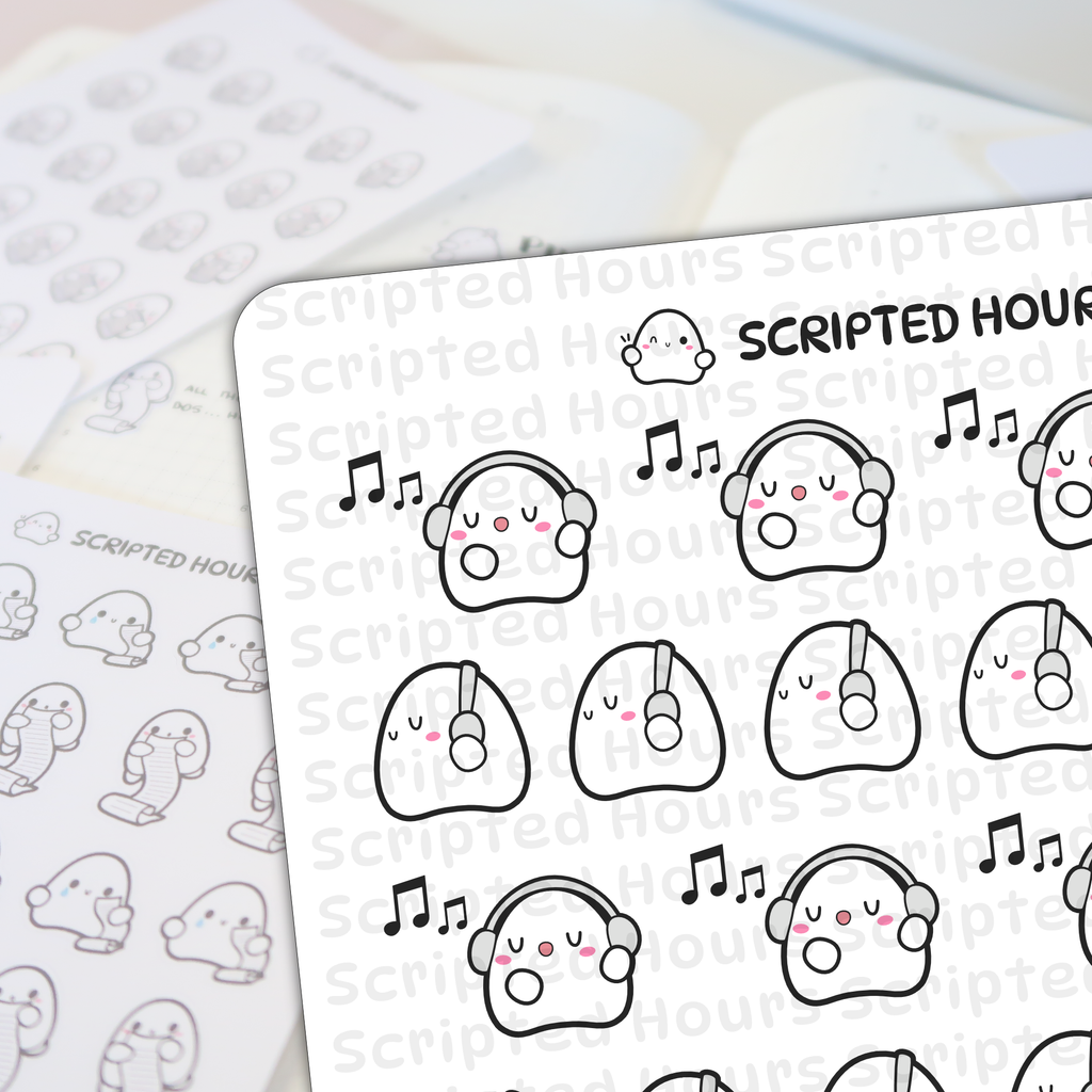 Scripted Hours die-cut sticker sheets featuring adorable white ghost characters with pink cheeks wearing grey headphones and black music notes indicating singing