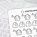 Scripted Hours die-cut sticker sheets featuring adorable white ghost characters with pink cheeks wearing grey headphones and black music notes indicating singing