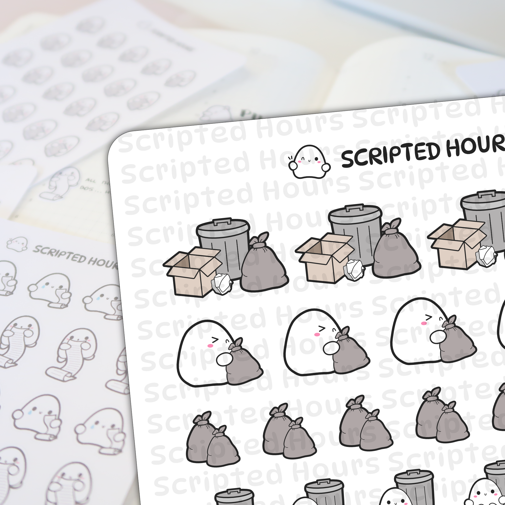 Digital illustration by Scripted Hours showcasing a planner sticker sheet filled with cute white ghost characters interacting with gray trash cans, cardboard boxes, and tied garbage bags, with a blurred background of matching list-holding ghost stickers