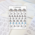 Scripted Hours sticker sheet featuring cute white blob ghost characters interacting with grey trash cans, cardboard boxes, grey trash bags, and blue recycling bins, all resting on a planner page with handwritten notes