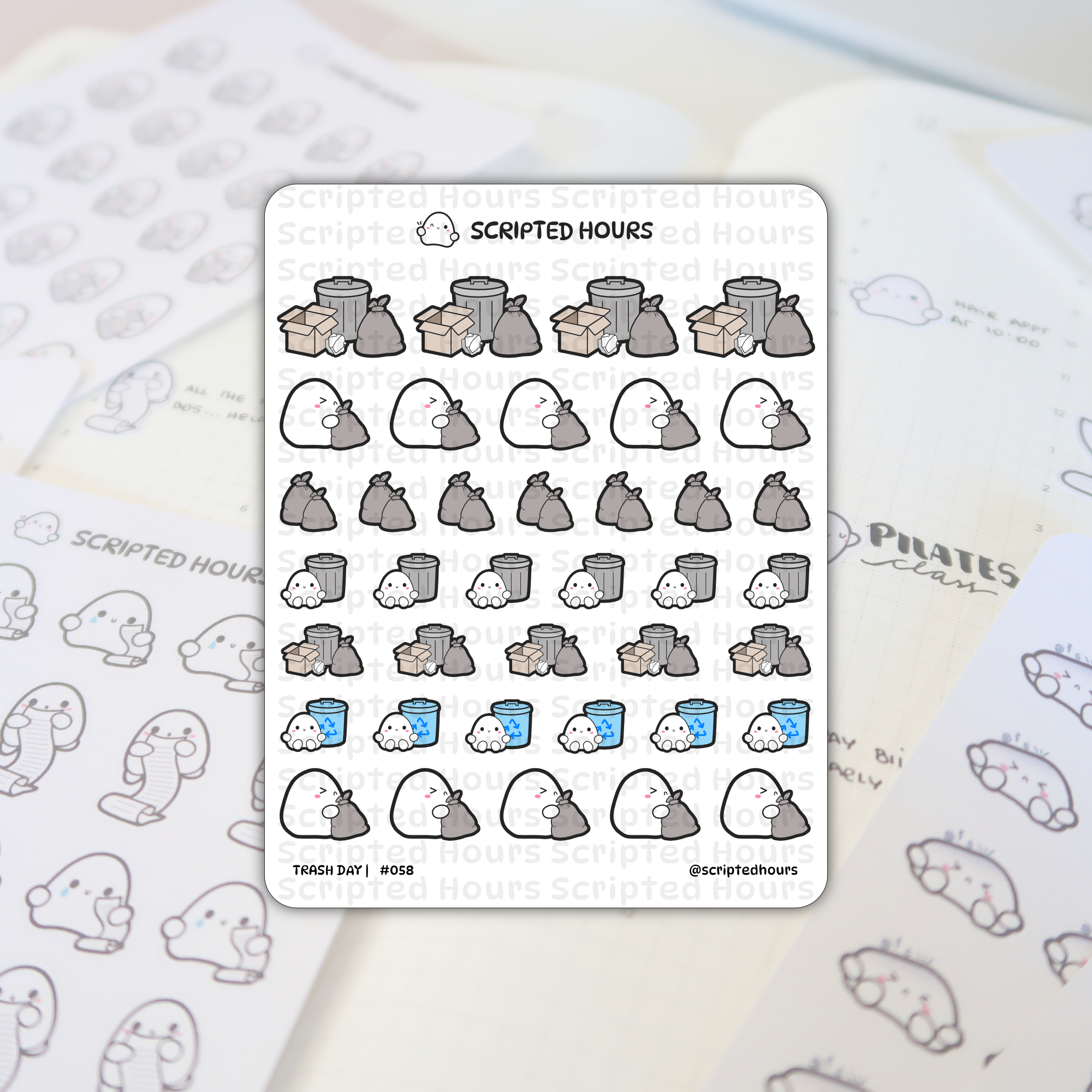 Scripted Hours sticker sheet featuring cute white blob ghost characters interacting with grey trash cans, cardboard boxes, grey trash bags, and blue recycling bins, all resting on a planner page with handwritten notes