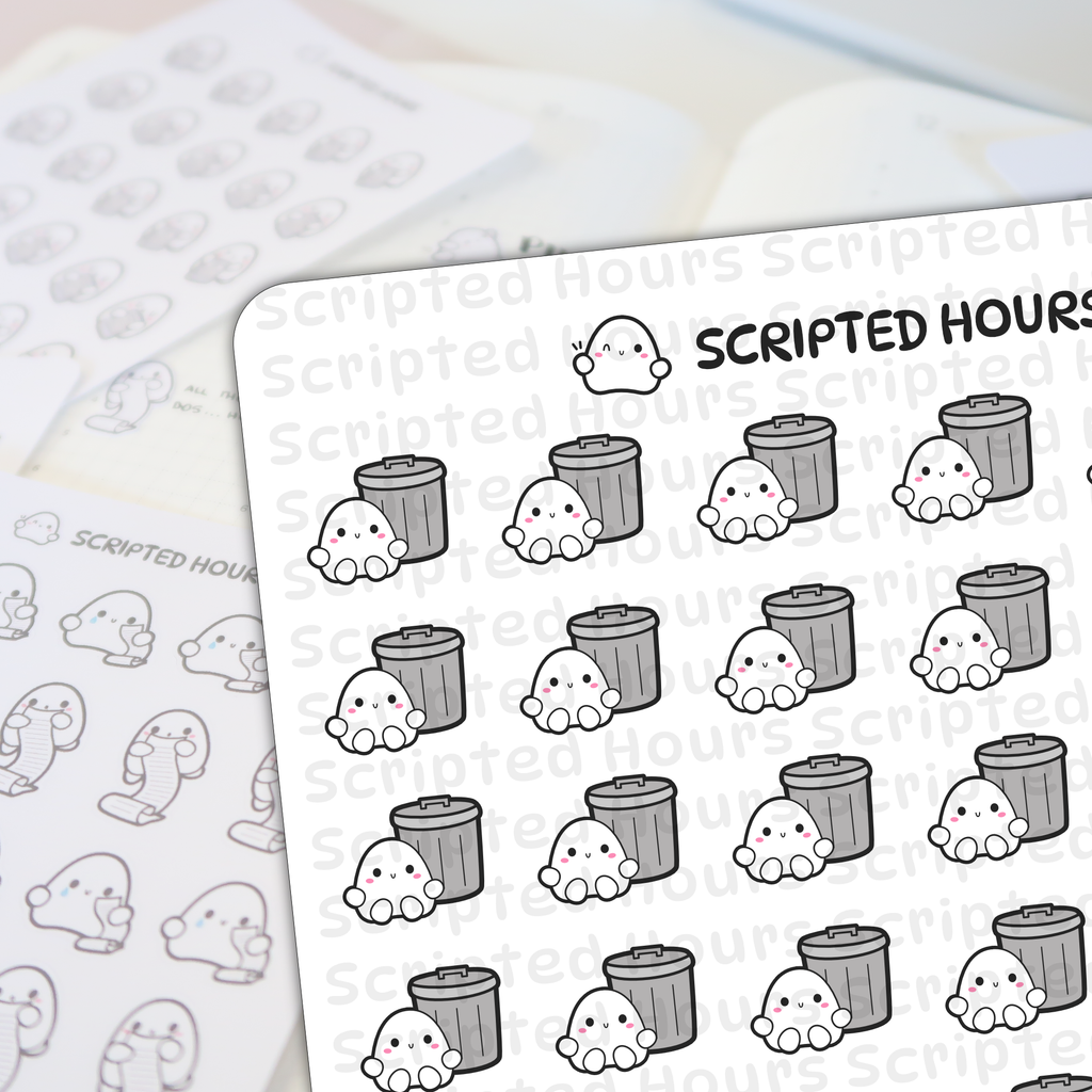 Printed stickers by Scripted Hours featuring multiple sheets of cute ghost-themed planner stickers on a white surface, with the main sheet showing white kawaii ghosts with pink blush peeking from gray trash cans, and a blurred background sheet showing line art ghosts holding to-do lists