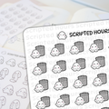 Printed stickers by Scripted Hours featuring multiple sheets of cute ghost-themed planner stickers on a white surface, with the main sheet showing white kawaii ghosts with pink blush peeking from gray trash cans, and a blurred background sheet showing line art ghosts holding to-do lists