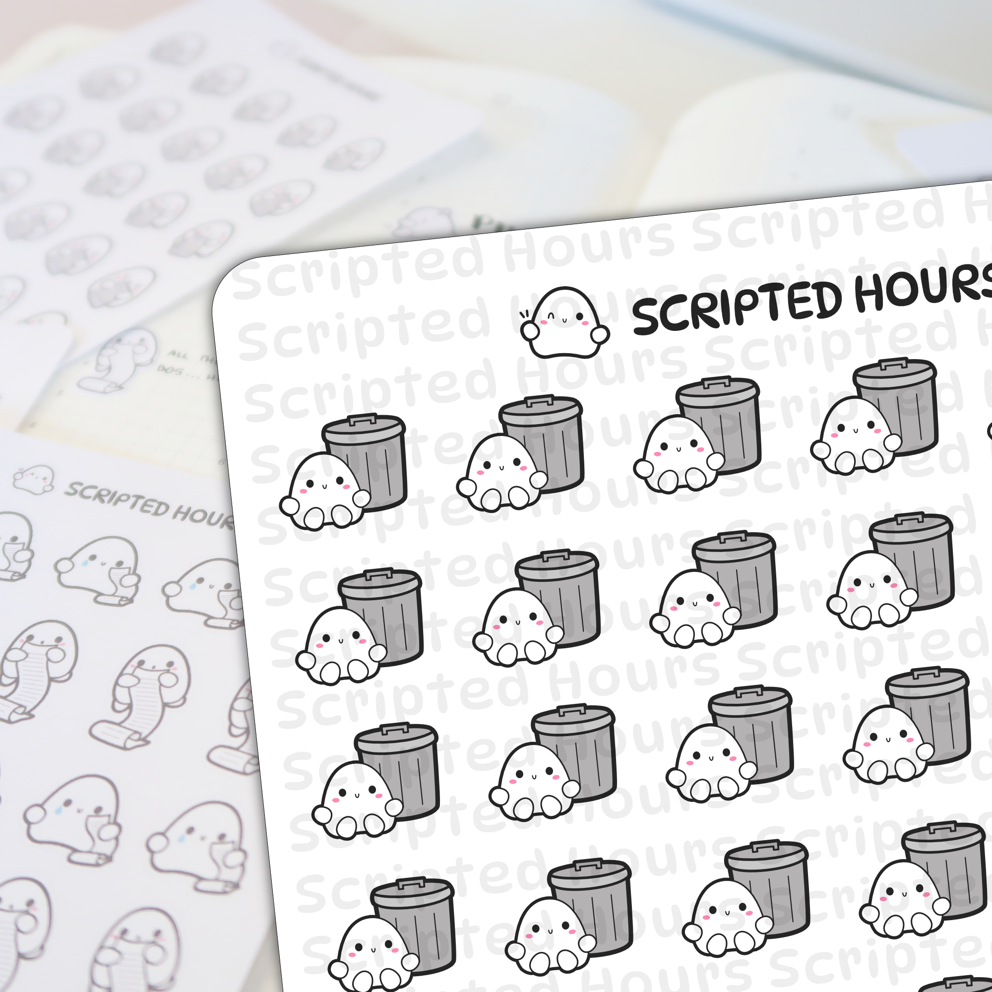 Printed stickers by Scripted Hours featuring multiple sheets of cute ghost-themed planner stickers on a white surface, with the main sheet showing white kawaii ghosts with pink blush peeking from gray trash cans, and a blurred background sheet showing line art ghosts holding to-do lists