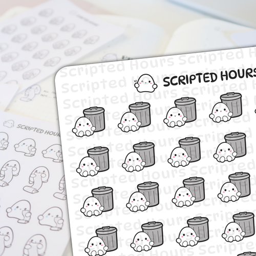 Printed stickers by Scripted Hours featuring multiple sheets of cute ghost-themed planner stickers on a white surface, with the main sheet showing white kawaii ghosts with pink blush peeking from gray trash cans, and a blurred background sheet showing line art ghosts holding to-do lists