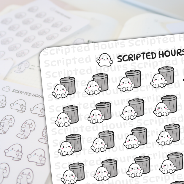 Printed stickers by Scripted Hours featuring multiple sheets of cute ghost-themed planner stickers on a white surface, with the main sheet showing white kawaii ghosts with pink blush peeking from gray trash cans, and a blurred background sheet showing line art ghosts holding to-do lists
