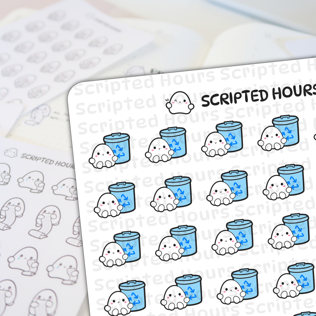 Digital stickers by Scripted Hours featuring white ghost characters with pink cheeks next to bright blue recycling bins with dark blue symbols and a prominent winking ghost logo