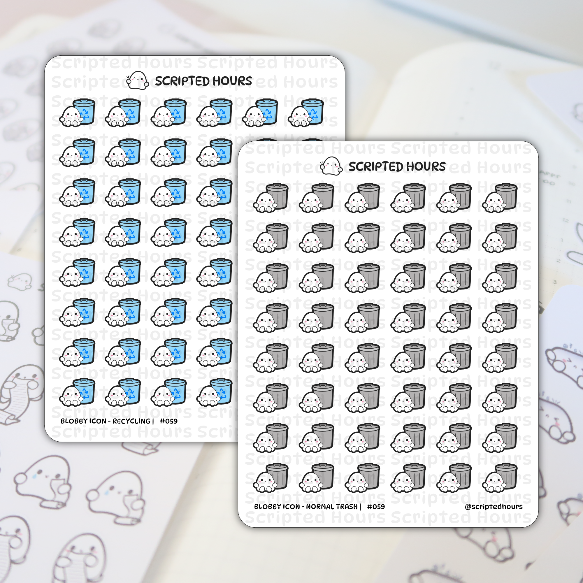 Planner stickers by Scripted Hours featuring two sheets of Blobby icon stickers on a light planner background, one sheet showing cute white Blobby characters with rosy cheeks next to bright blue recycling bins, and the other with Blobby characters next to grey normal trash cans
